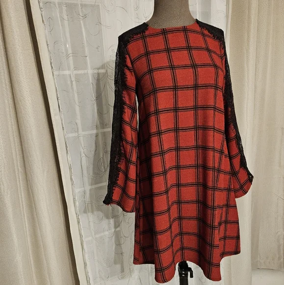Gianni Bini Red Black Lace Plaid Whimsigoth Business Casual Midi Dress XS - Picture 13 of 16